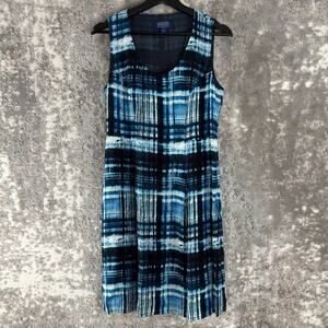 Pendleton Petite Sz 4p Abstract Scoop Neck Fit Flared Dress Blue Sleeveless Zip